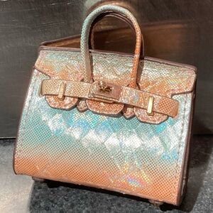 👜 Handmade Genuine Leather Mini Teal Orange Iridescent Textured Birkin Bag Charm